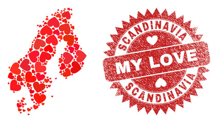 Vector mosaic Scandinavia map of valentine heart items and grunge My Love seal. Mosaic geographic Scandinavia map constructed with valentine hearts.