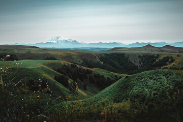 Russia, Caucasus, Dombay, View of Mount Elbrus in dyke from the Gumbashi observation deck