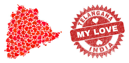 Vector collage Telangana State map of love heart items and grunge My Love seal. Collage geographic Telangana State map created with love hearts.