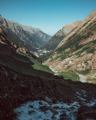 Russia, Caucasus, Dombay, view of the village among the mountains on a sunny day