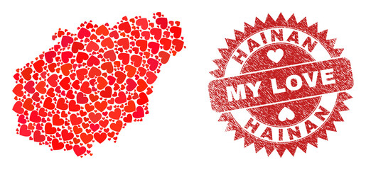 Vector collage Hainan map of lovely heart items and grunge My Love seal. Collage geographic Hainan map created using valentine hearts. Red rosette stamp with grunge rubber texture and my love caption.
