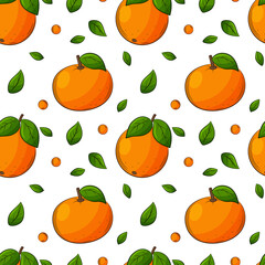 Seamless pattern with oranges, tangerines and leaves. Bright, juicy, summery, fruity pattern. Colored elements in a linear style are isolated. For the design of summer clothing and food packaging.