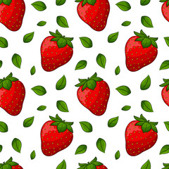 Seamless pattern with strawberries and leaves. Bright, red, juicy, summery, fruity pattern. Colored elements with a stroke, in a linear style are isolated. For design of clothing and food packaging