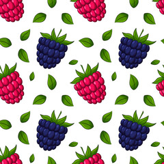 Seamless pattern with raspberries and blackberries and leaves. Bright, juicy, summery, fruity pattern. Color elements in the linear style are isolated without a background. For food packaging