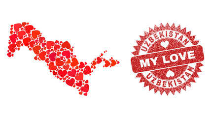 Vector mosaic Uzbekistan map of love heart items and grunge My Love badge. Mosaic geographic Uzbekistan map designed using love hearts. Red rosette imprint with grunge rubber texture and my love tag.