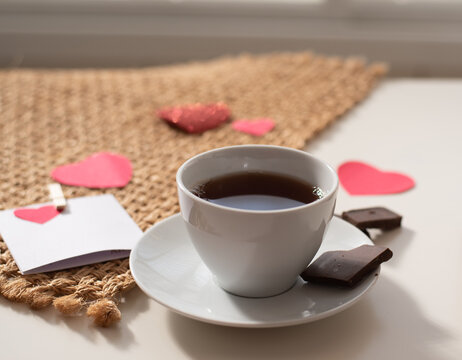 Magic Mood Atmosphere Of Love Picture For Post In Instagram. Take Break, Rest With Tea And Chocolate. With Love, Care And Red Hearts Around. Business Idea Of Psychology And Aroma.