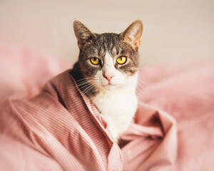 A cute domestic tabby cat with yellow eyes and a pink nose sits on the bed, wrapped in a warm, pleasant pink blanket on a bright morning. The comfort of home.
