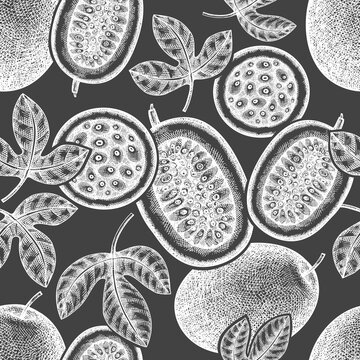 Hand drawn sketch style passion fruit seamless pattern. Organic fresh fruit vector illustration on chalk board. Retro exotic fruit background