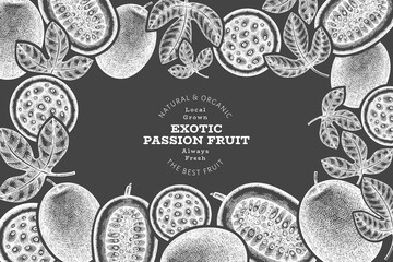 Hand drawn sketch style passion fruit banner. Organic fresh fruit vector illustration on chalk board. Retro exotic maracuya design template