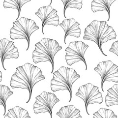 Floral seamless pattern with ginkgo leaves. Black and white