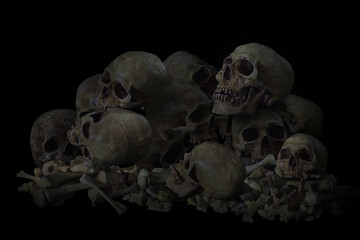 Still Life of Genocide, Pile of Skulls in Black background