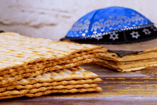 Symbol of Passover plate, matza with kipah in the Pesah celebration