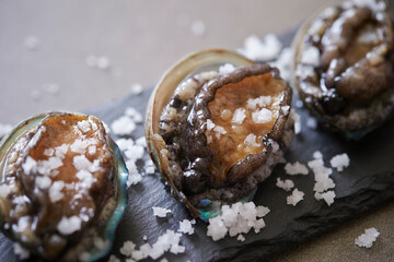 Fresh raw abalone and salt on marble 