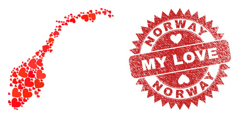 Vector collage Norway map of valentine heart items and grunge My Love badge. Collage geographic Norway map constructed with valentine hearts.