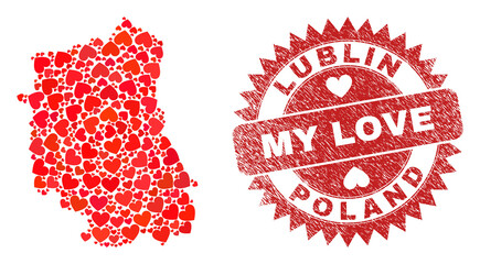Vector mosaic Lublin Voivodeship map of lovely heart elements and grunge My Love stamp. Mosaic geographic Lublin Voivodeship map created using lovely hearts.