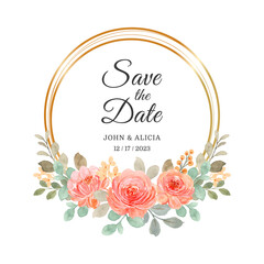 Save the date. Watercolor roses wreath with golden circle