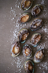 Fresh raw abalone and salt on marble 