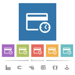 Credit card transaction history flat white icons in square backgrounds