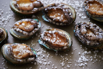 Fresh raw abalone and salt on marble 