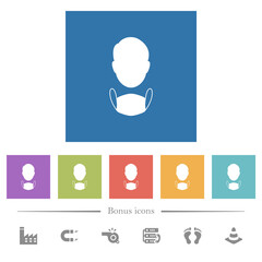 Face and medical mask flat white icons in square backgrounds