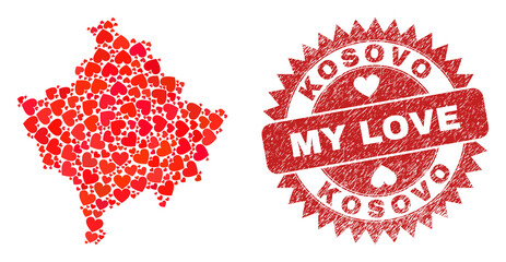 Vector mosaic Kosovo map of love heart elements and grunge My Love seal. Collage geographic Kosovo map designed with love hearts. Red rosette badge with grunge rubber texture and my love tag.