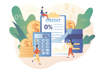 Bank credit concept. Finance management. Tiny people signing loan agreement. Percent, good interest rate, interest-free. Modern flat cartoon style. Vector illustration on white background