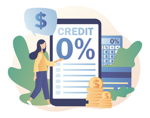 Tiny woman signing loan agreement in smartphone app. Bank credit concept. Percent, good interest rate, interest-free. Finance management. Modern flat cartoon style. Vector illustration 