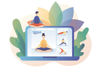 Tiny people watching online classes use laptop, practicing hatha yoga, meditation. Yoga online. Stay home concept. Modern flat cartoon style. Vector illustration on white background