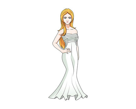 woman in long party dress cartoon character