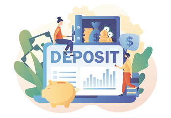 Online Deposit concept. Bank account, banking, bank security, safety. Tiny people put money in bank safe with dollars. Longterm money saving finance. Modern flat cartoon style. Vector illustration