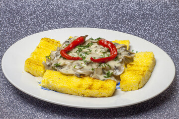 Grilled polenta, served with mushroom sauce, decorated with green dill and chilli pepper. Served on a white plate on a silvery background.