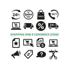 Shopping and e-commerce icons on white background.