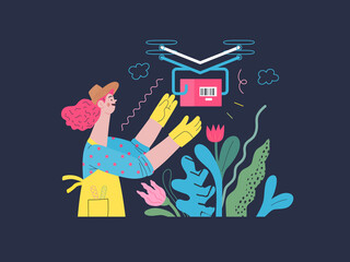 Discounts, sale, promotion - delivery - modern outlined flat vector concept illustration of a woman doing gardening job, wearing apron and gloves, receiving an online order shipped with a drone