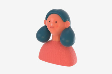 3D Bright people portrait - 3D render design concept illustration of a plastuc doll of a young woman, face and shoulders avatar. User picture volumetric icon