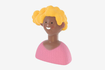 3D Bright people portrait - 3D render design concept illustration of a plastuc doll of a young woman, face and shoulders avatar. User picture volumetric icon