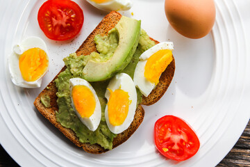 Toast with avocado, tomato slices and eggs on plate