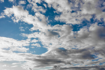 Sky with contrasting cumulus clouds in windy weather. Heavenly drawing