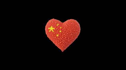 China National Day. October 1. Heart shape made out of shiny sphere on black background. 3D rendering.