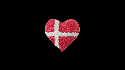 Denmark National Day. June 5. Heart shape made out of shiny sphere on black background. 3D rendering.