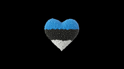 Estonia National Day. February 24. Heart shape made out of shiny sphere on black background. 3D rendering.