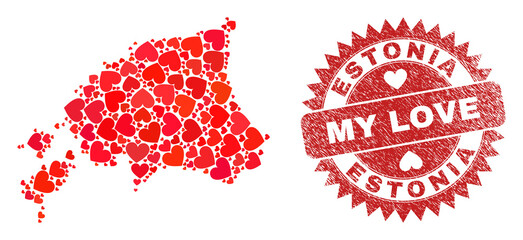 Vector collage Estonia map of valentine heart items and grunge My Love seal stamp. Collage geographic Estonia map designed with valentine hearts.