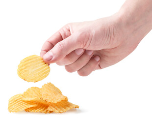Male hand takes potato chips on a white background. Isolated