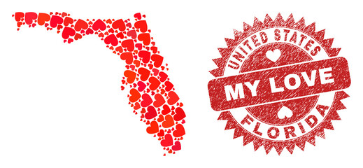 Vector mosaic Florida State map of valentine heart items and grunge My Love stamp. Mosaic geographic Florida State map created with lovely hearts.