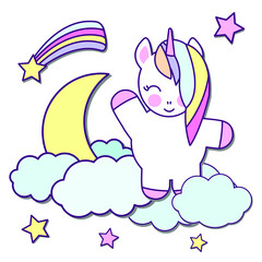 Obraz na płótnie Canvas Flat unicorn fairy cartoon Pony Child with star and cloud Perfect greeting card, baby shower girl, fabric design, Print.