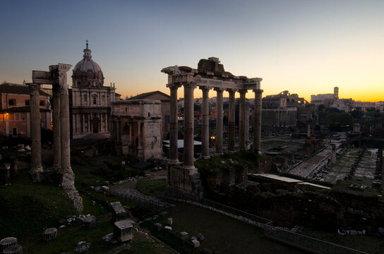 View of roman forum during sunset