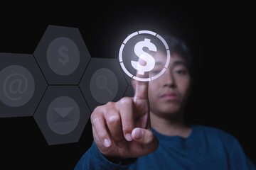 Businessman touching money currency icon with finger.