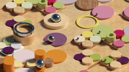 3d abstract background made of extruded round and ring shapes. Metal spheres with textures. Colorful gamma and bright lighting. Isometric view.