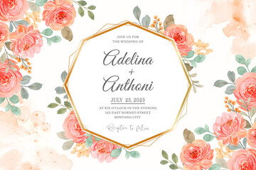 Wedding invitation card with pink orange watercolor roses