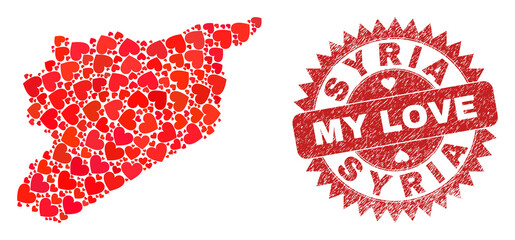 Vector mosaic Syria map of lovely heart items and grunge My Love stamp. Mosaic geographic Syria map created with lovely hearts. Red rosette imprint with grunge rubber texture and my love word.