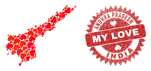 Vector mosaic Andhra Pradesh State map of lovely heart items and grunge My Love seal stamp. Mosaic geographic Andhra Pradesh State map constructed with love hearts.
